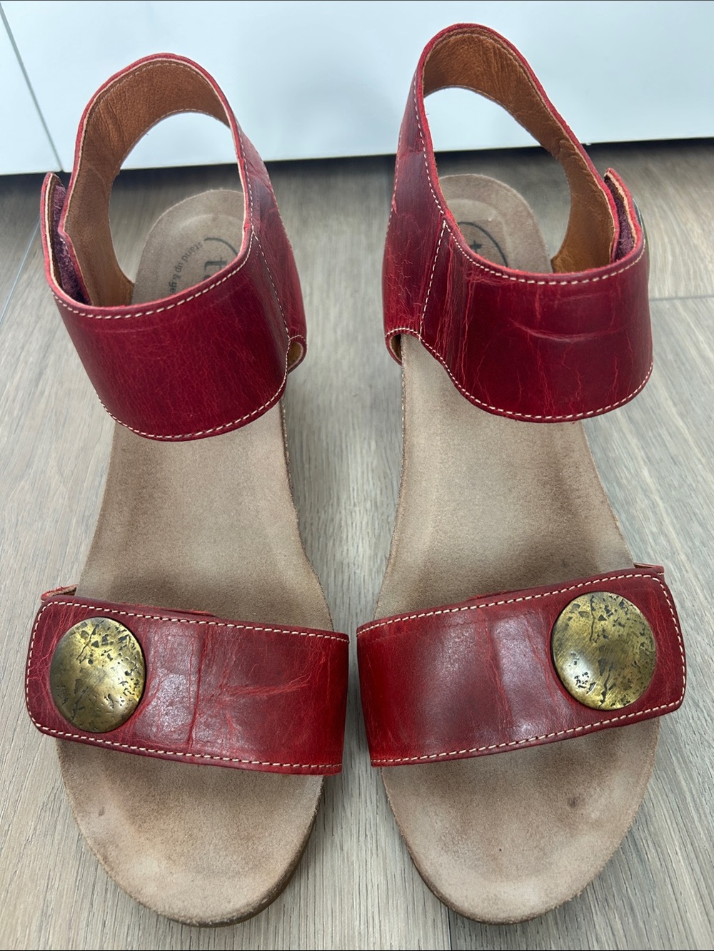 Taos Footwear Red Leather Ankle-Strap Sandals with Brass Accents